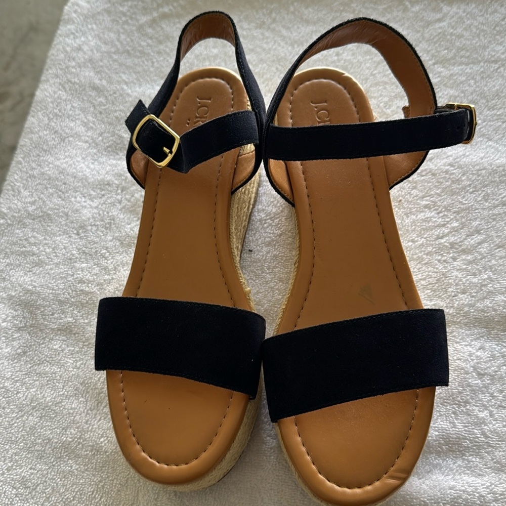 J Crew New Navy wedge Sandals with Ankle Strap and Textured Front
